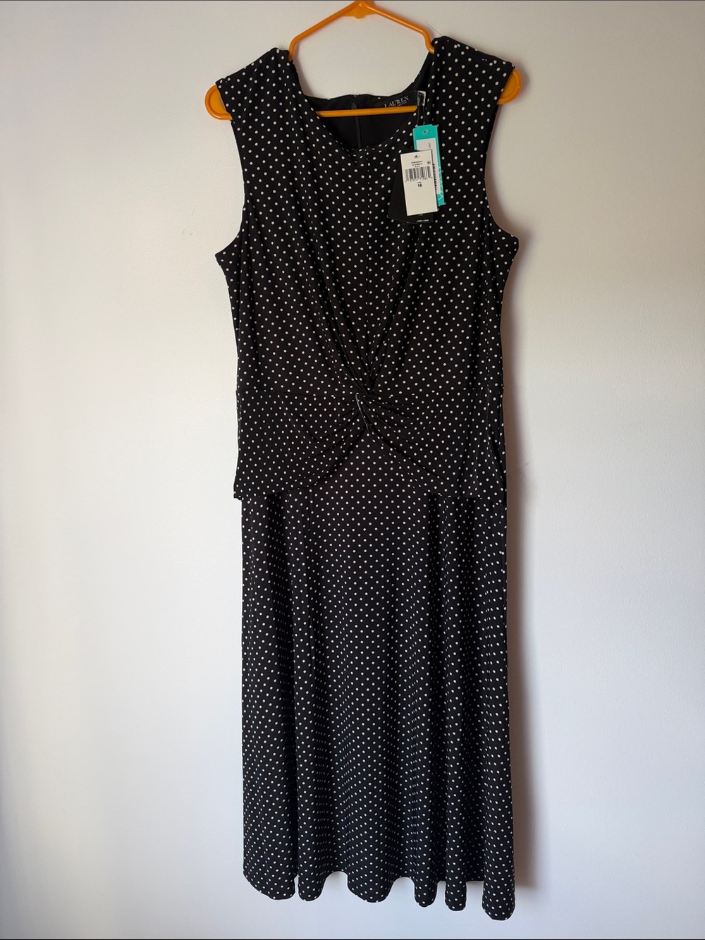 Ralph Lauren Black and White Polka Dot Twist-Front Midi Dress